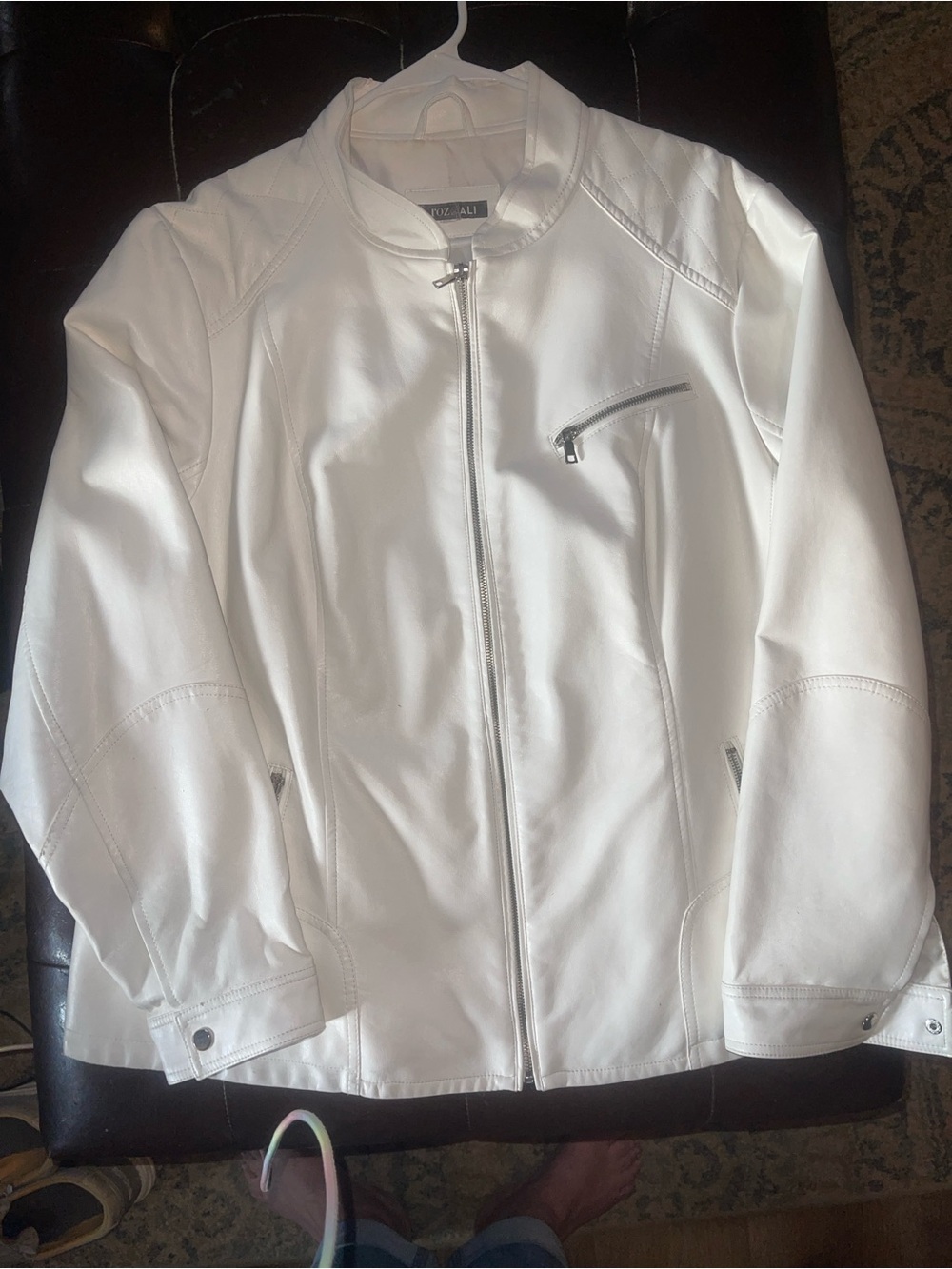 Roz & Ali White Faux Leather Zip Jacket